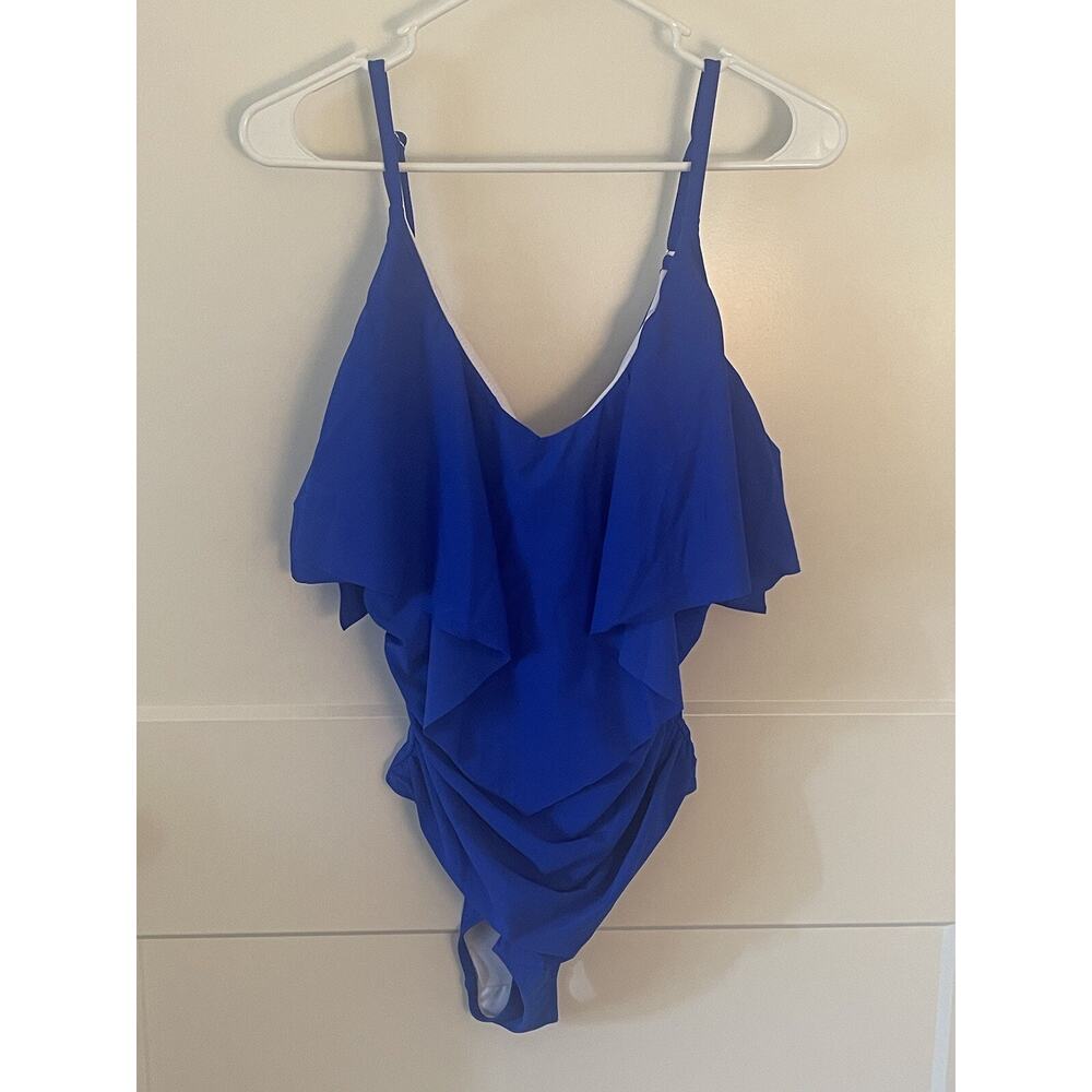 women’s one piece bathing suit Size Small Blue Deep Vee Neck NWOT Sz Medium